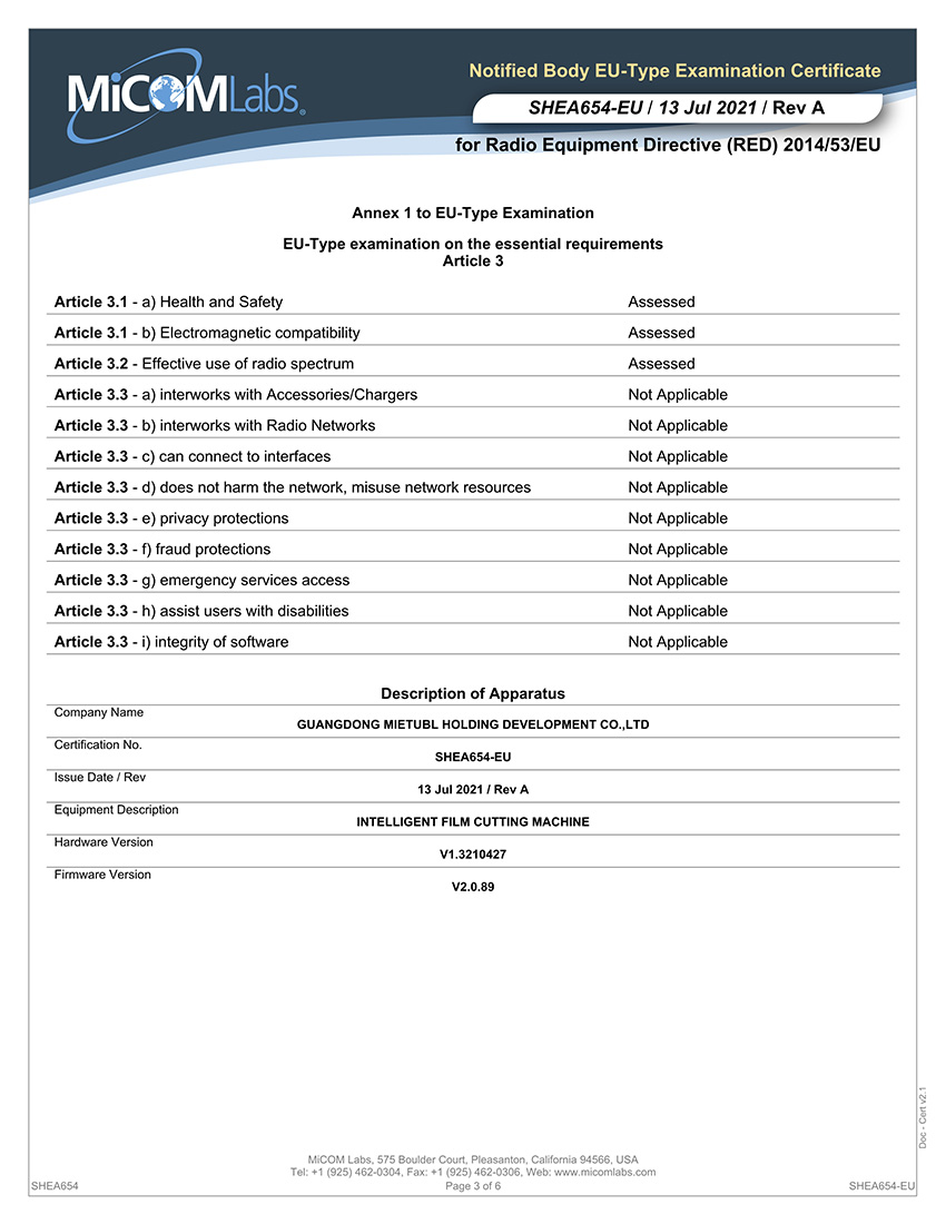 CE certification of intelligent film cutting machine
